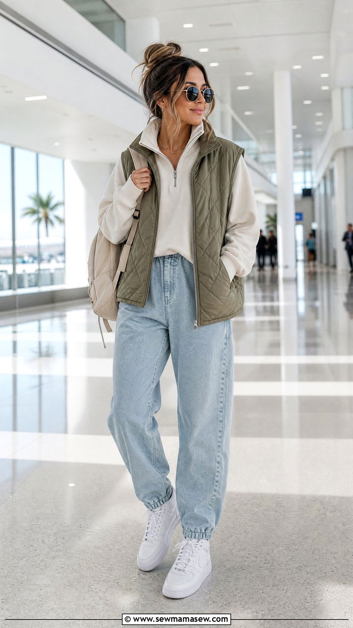 Padded vest with quarter zip and sweatpant jeans - 35 Miami airport outfit ideas