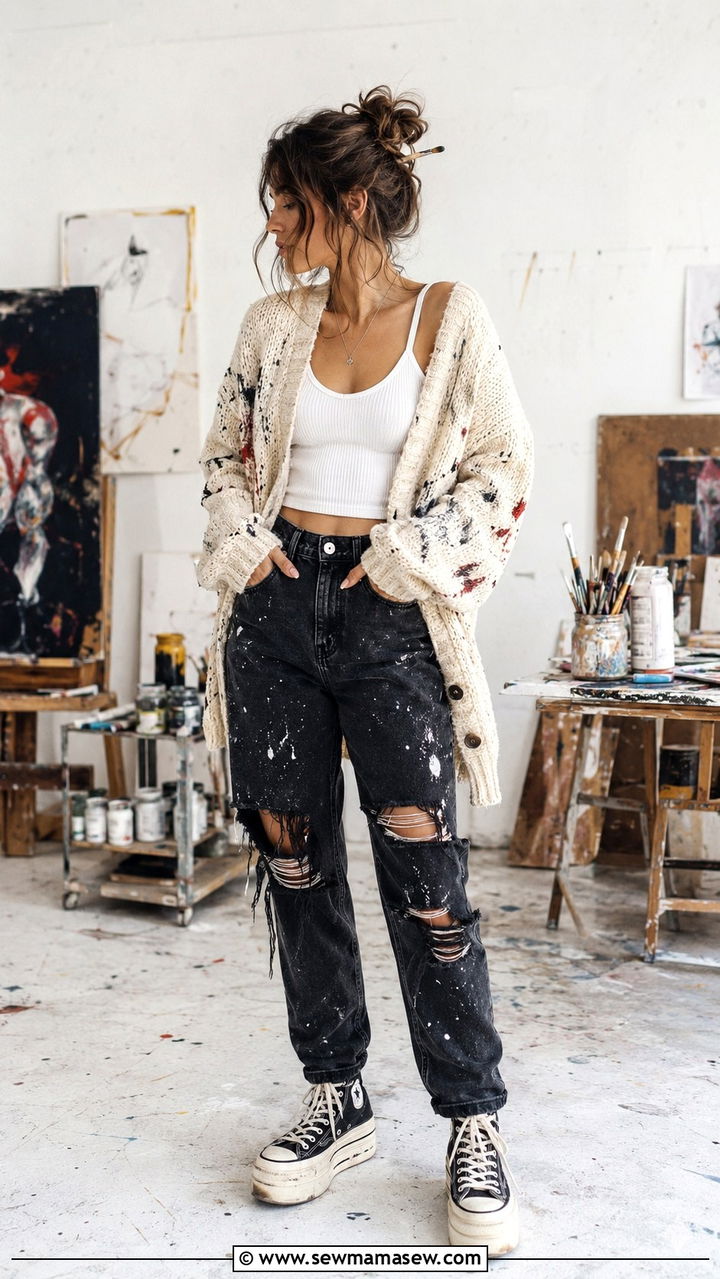 Paint splattered cardigan with ripped jeans and a tank top - 30 Chaotic academia outfit ideas