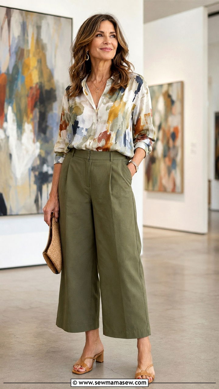 Painterly blouse with cropped wide leg pants and heeled sandals - 25 model off duty outfit ideas for women over 40