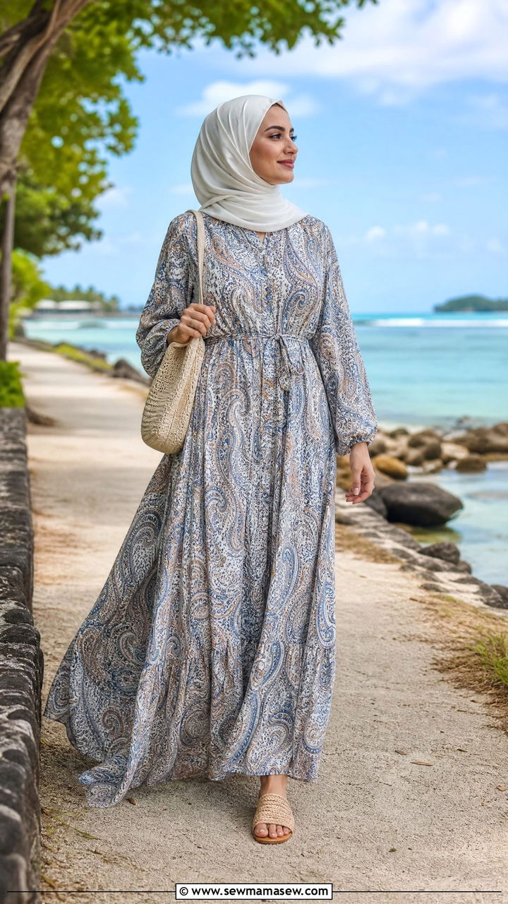 Paisley Maxi Dress with Hijab for Mauritius Modest Beach Stroll - 35 Mauritius outfit ideas