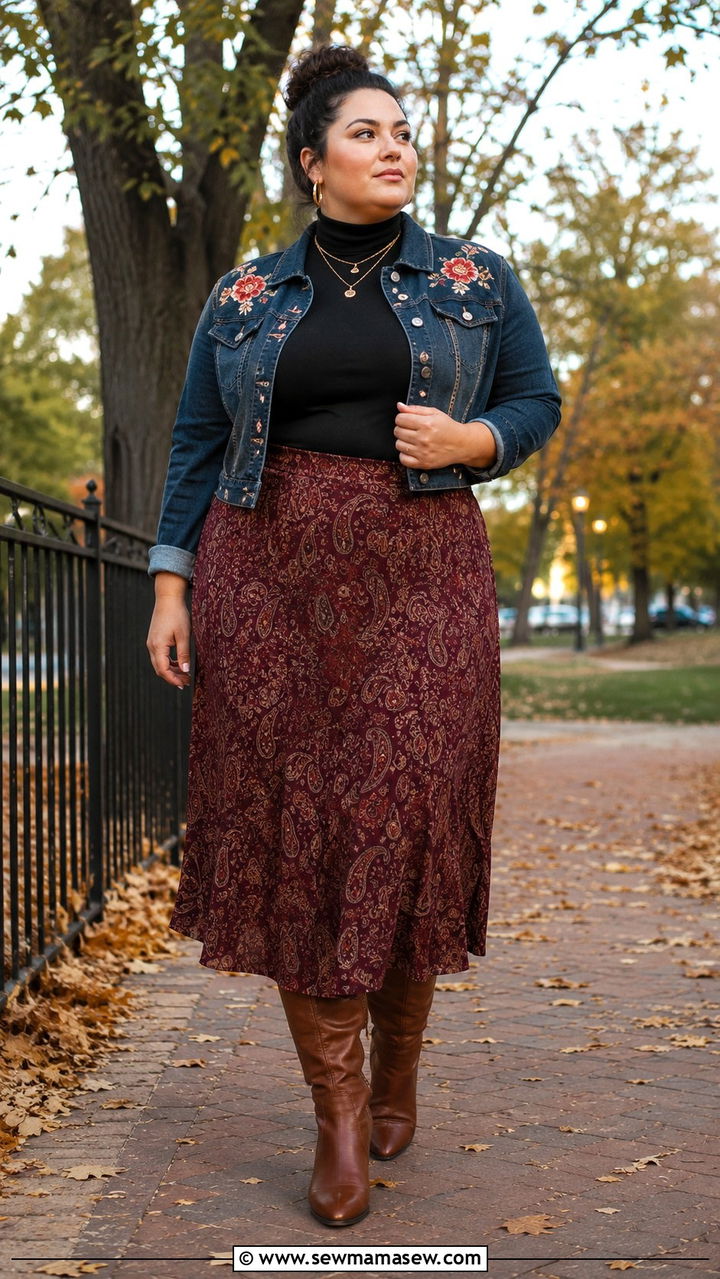 Paisley Midi Skirt With Fitted Turtleneck And Denim Jacket - 25 Plus size outfit ideas boho