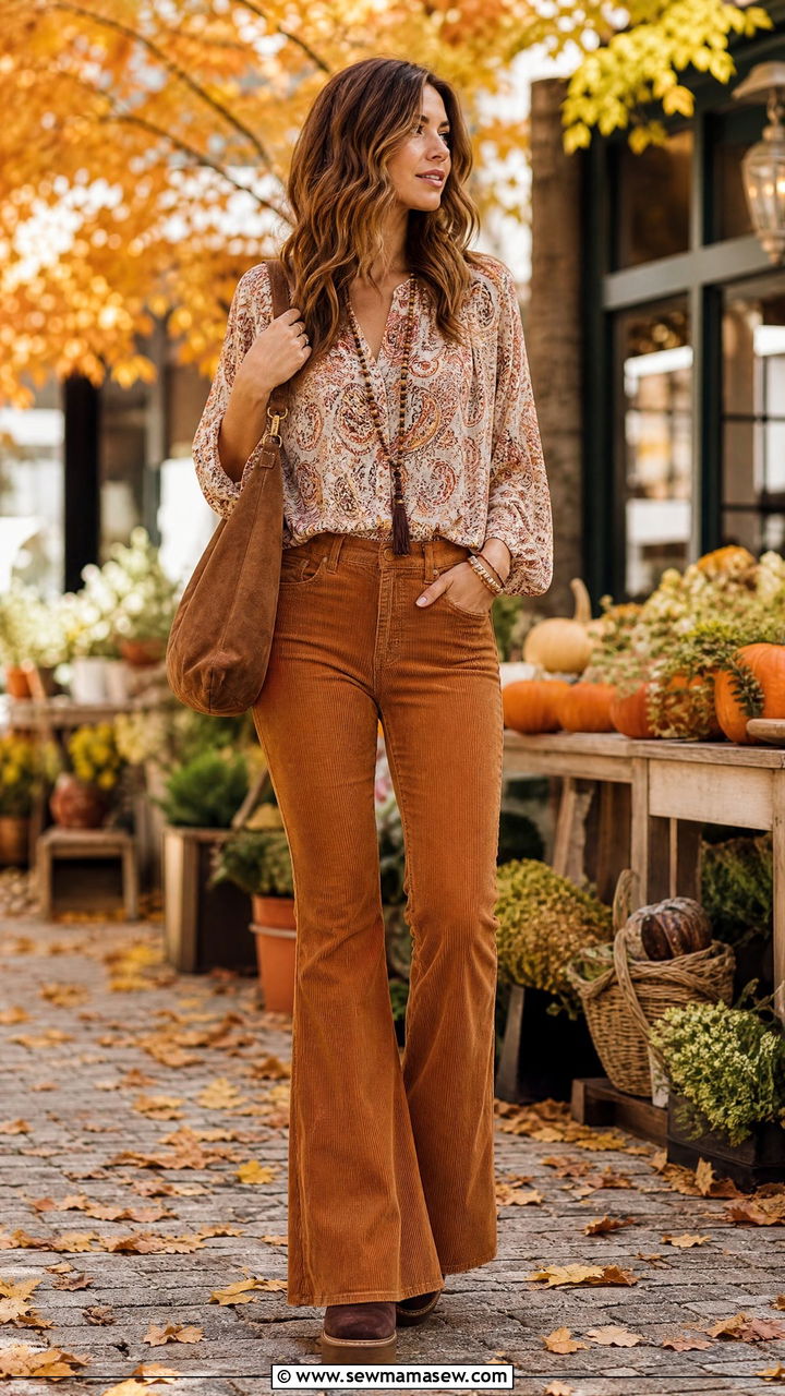 Paisley Print Blouse With Corduroy Flare Pants - 35 Modern boho outfit ideas