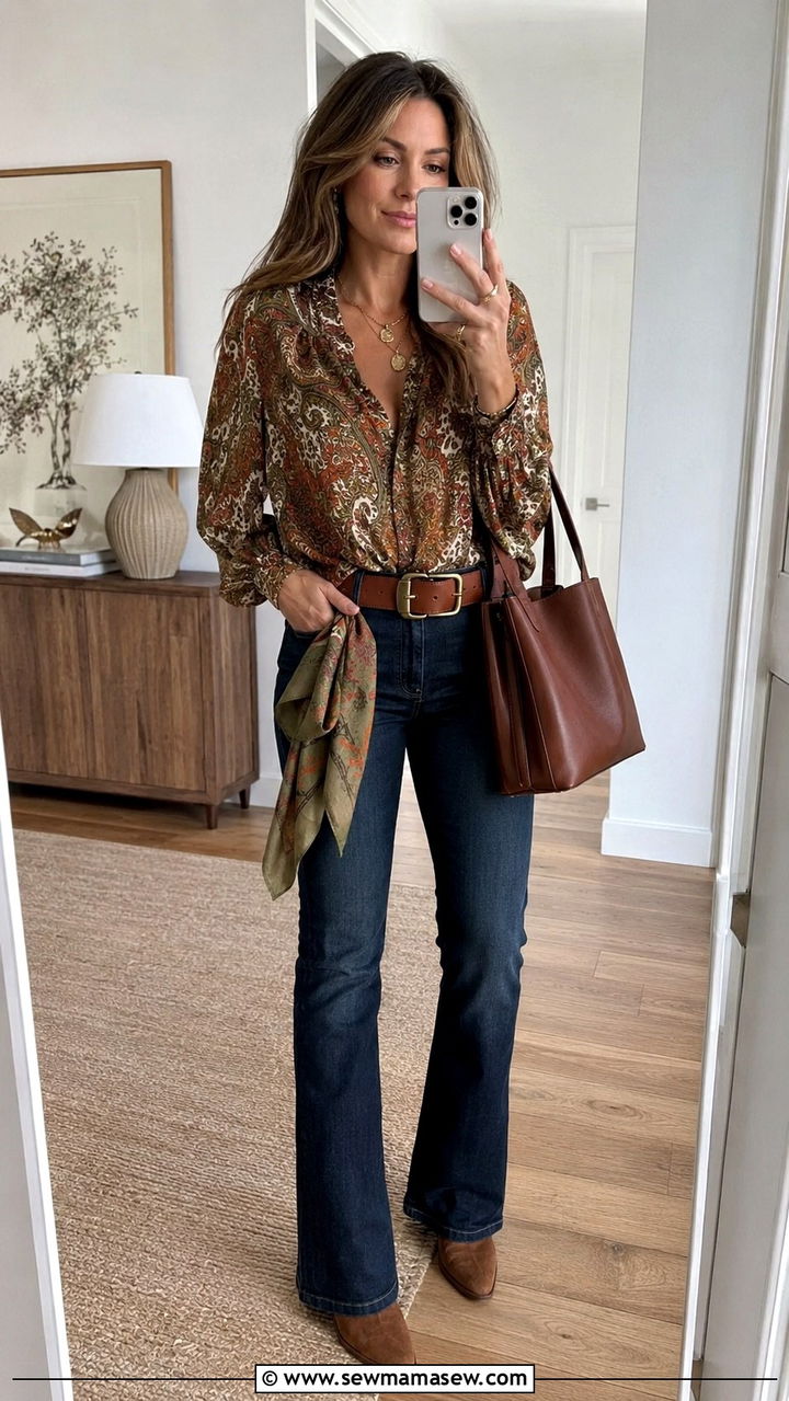 Paisley Print Blouse and Bootcut Jeans with Ankle Boots - 20 Western outfit ideas with paisley bandana