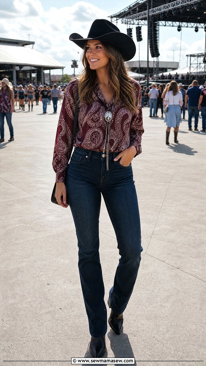 Paisley Print Blouse with Dark Wash Jeans and a Bolo Tie - 30 Luke Bryan concert outfit ideas