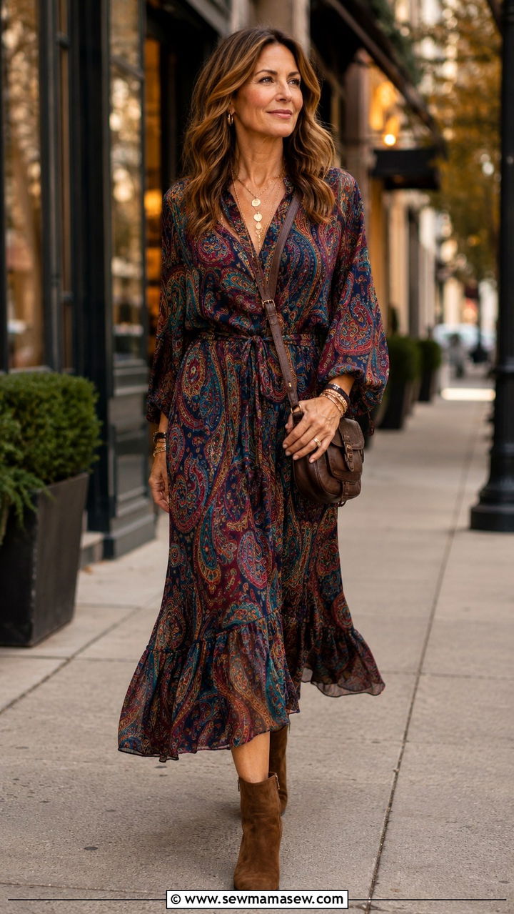Paisley Print Dress and Suede Ankle Boots - 30 boho chic outfit ideas for women over 40