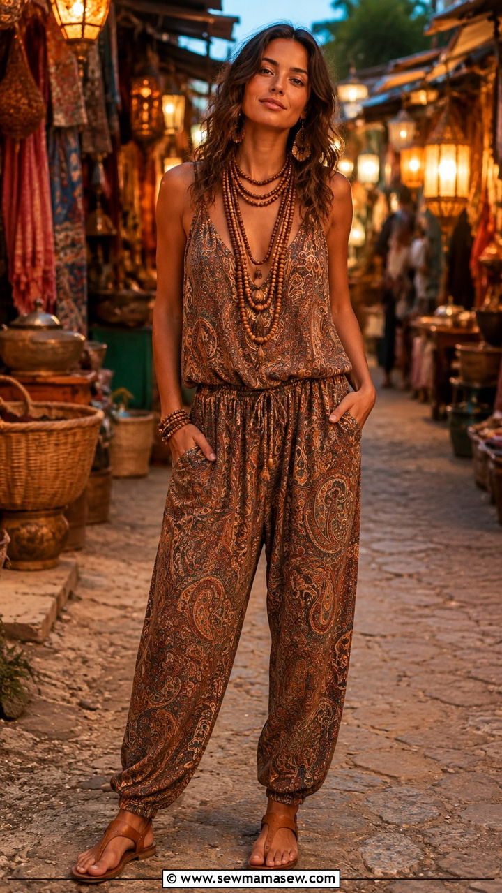 Paisley Print Jumpsuit With Wooden Bead Layered Necklaces - 25 Boho outfit ideas with layered necklaces