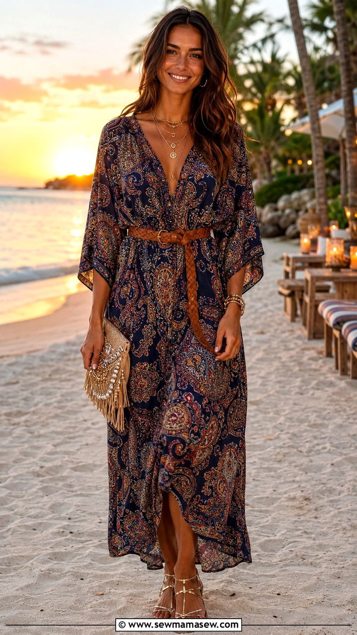 Paisley Print Kaftan Dress For Tropical Vacation - 30 Boho outfit ideas for vacation