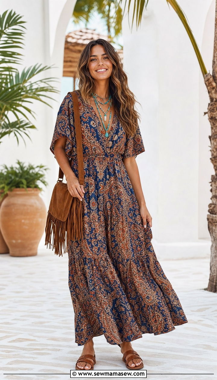 Paisley Print Maxi Dress Boho Outfit - 25 Summer boho outfits 2026