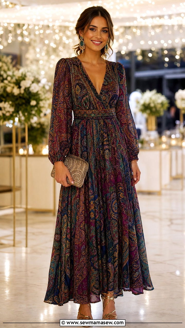 Paisley Print Maxi Dress With Beaded Clutch - 35 Boho outfit ideas for wedding guest