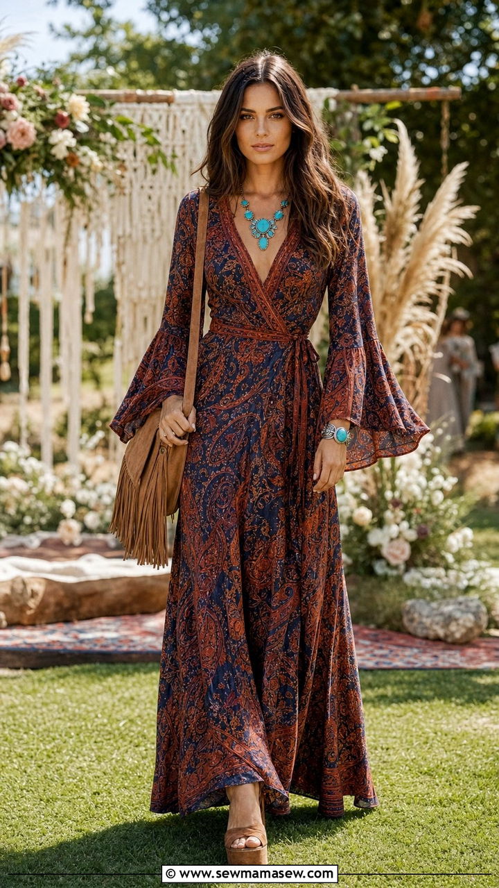 Paisley Print Maxi Dress with Turquoise Jewelry - 35 Boho wedding guest outfits