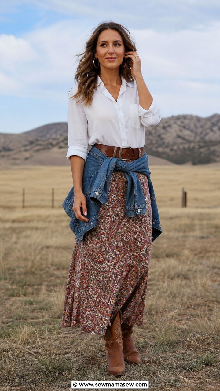 Paisley Print Maxi Skirt With Cowboy Boots - 40 Boho outfit ideas 2026