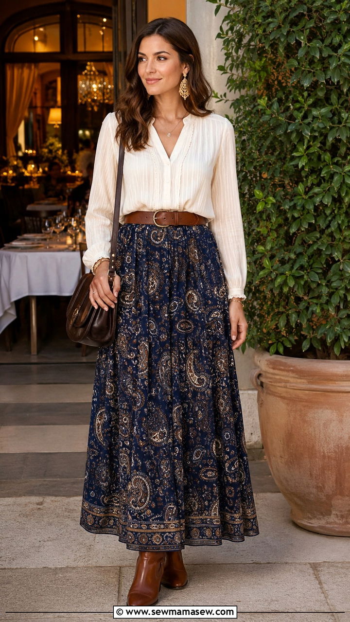 Paisley Print Maxi Skirt With Neutral Long Sleeve Blouse - 30 Modest outfit ideas boho