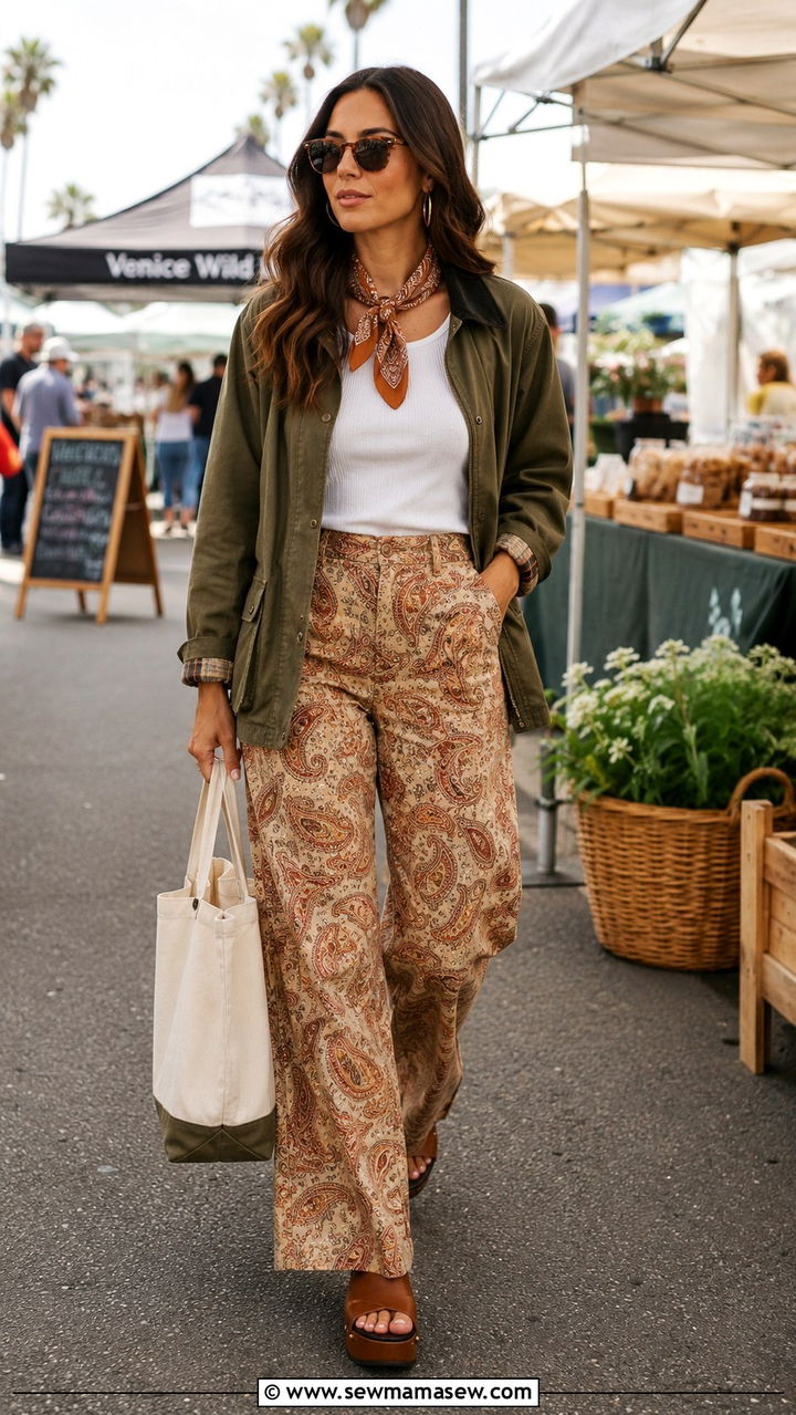 Paisley Print Wide Leg Pants with White Tank and Barn Jacket - 20 Western outfit ideas with paisley bandana