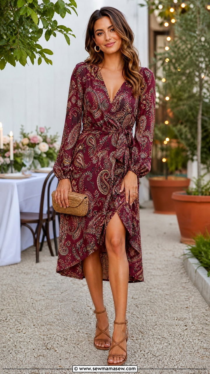 Paisley Print Wrap Dress with Strappy Sandals - 35 Hippie outfit ideas