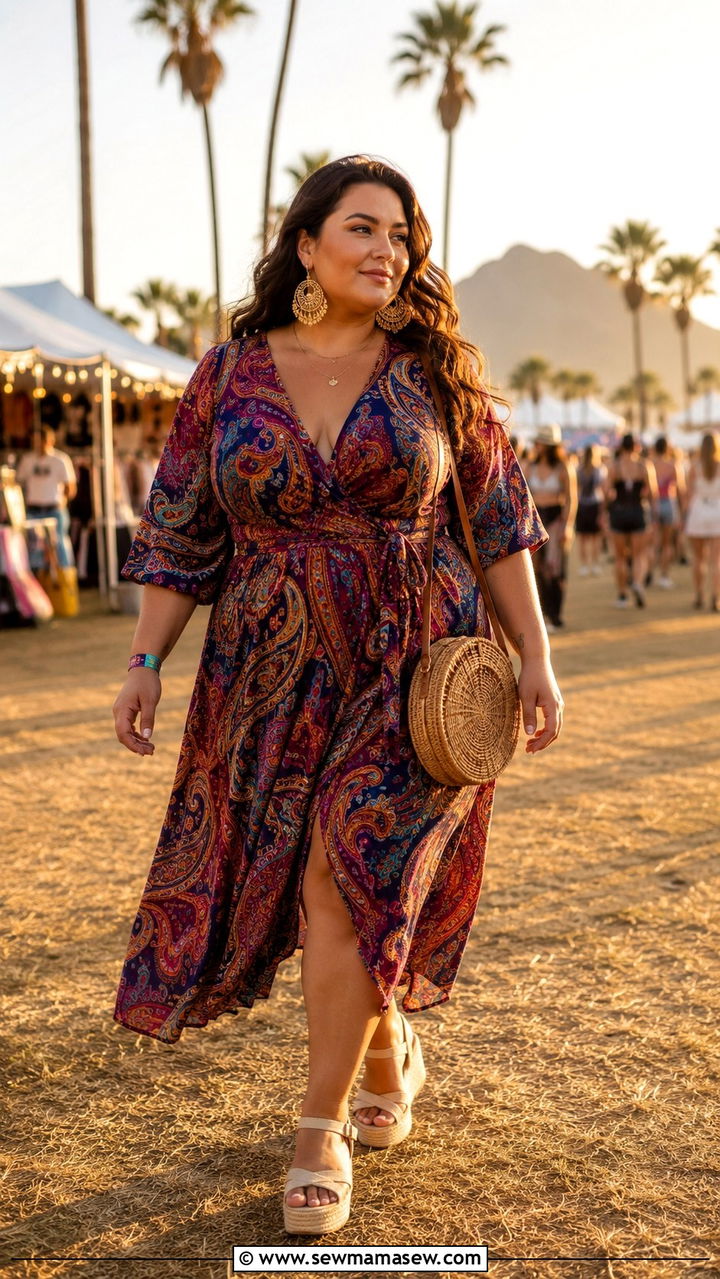 Paisley Wrap Midi Dress With Chunky Sandals And Bold Statement Earrings - 30 Plus size outfit ideas for festival
