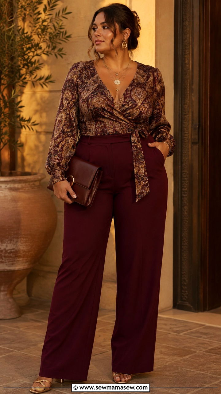 Paisley Wrap Top And Wine Toned Trousers - 30 Boho outfits for curvy women
