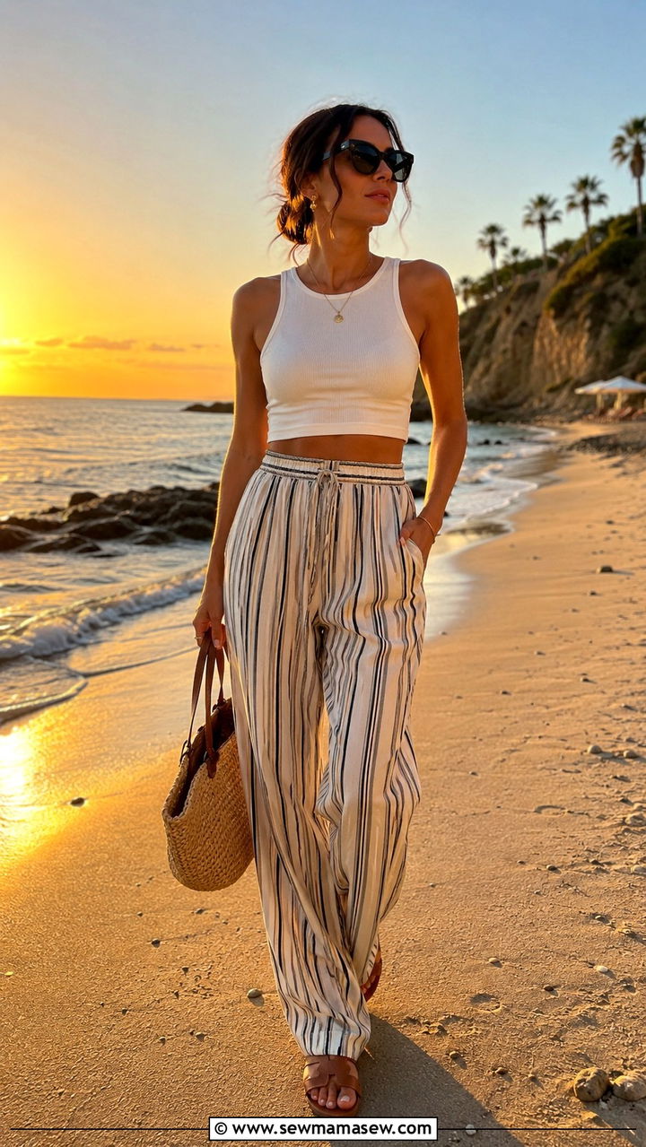 Pajama Pants With Crop Top And Oversized Sunglasses - 25 Pajama outfit ideas for vacation
