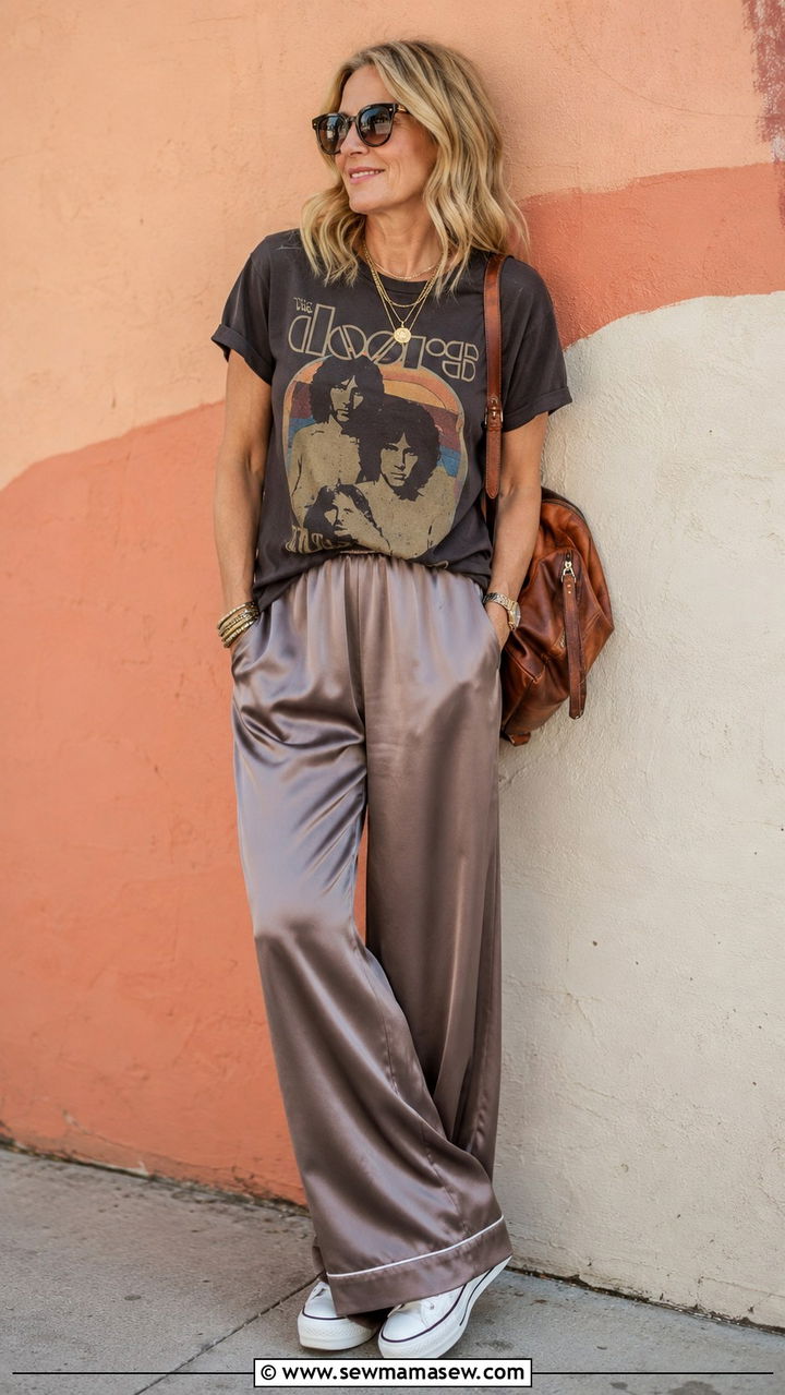 Pajama Pants With a Graphic Tee and Platform Sneakers - 25 Pajama outfit ideas for women over 40