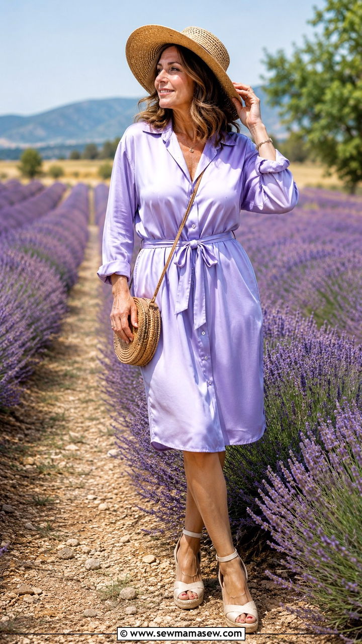 Pajama Shirt Dress With a Belt and Wedge Sandals - 25 Pajama outfit ideas for women over 40