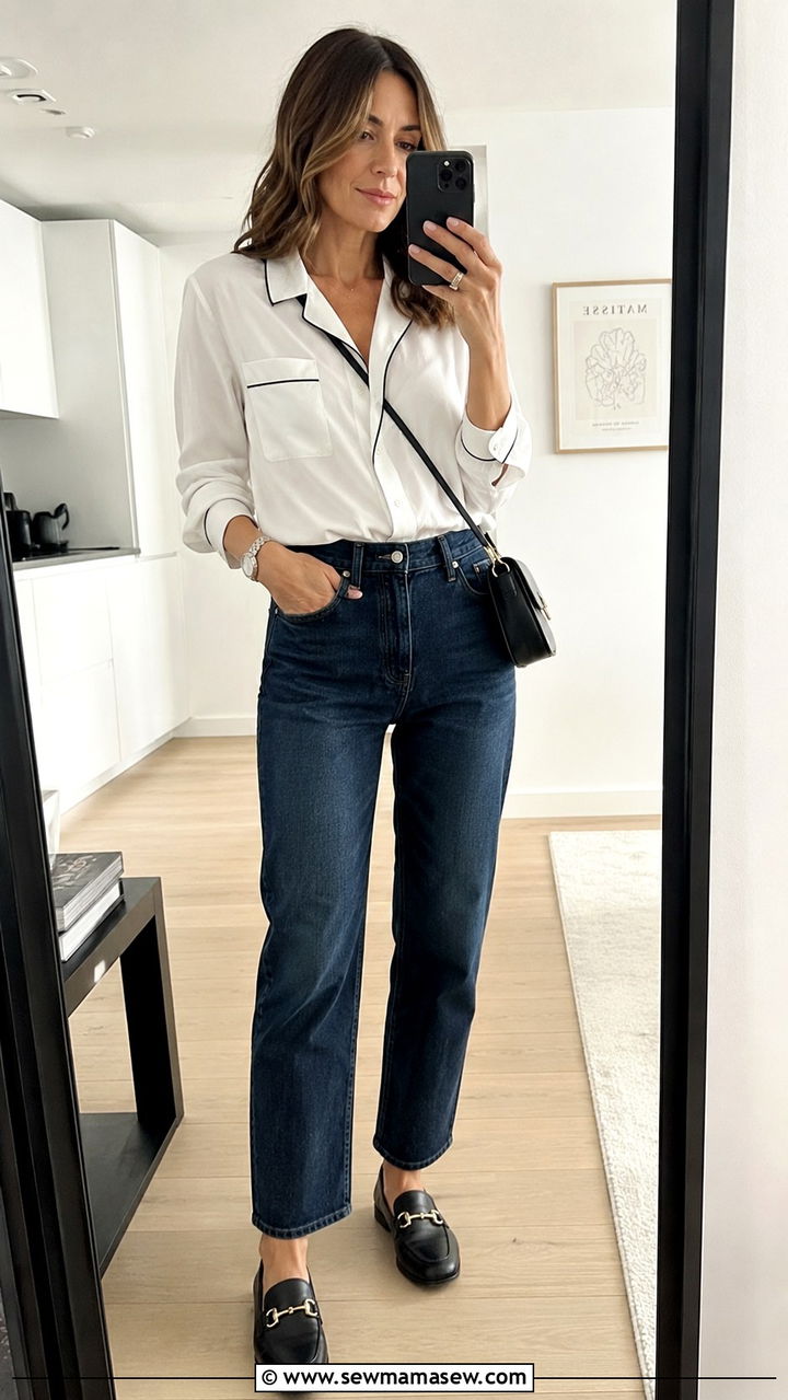 Pajama Shirt With StraightLeg Jeans and Loafers - 25 Pajama outfit ideas for women over 40