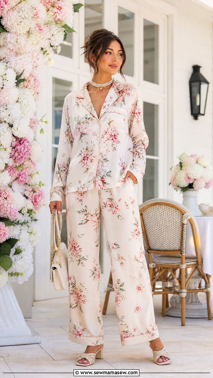 Pajama Style Button Down Set with Satin Finish - 30 Loungewear outfit ideas spring