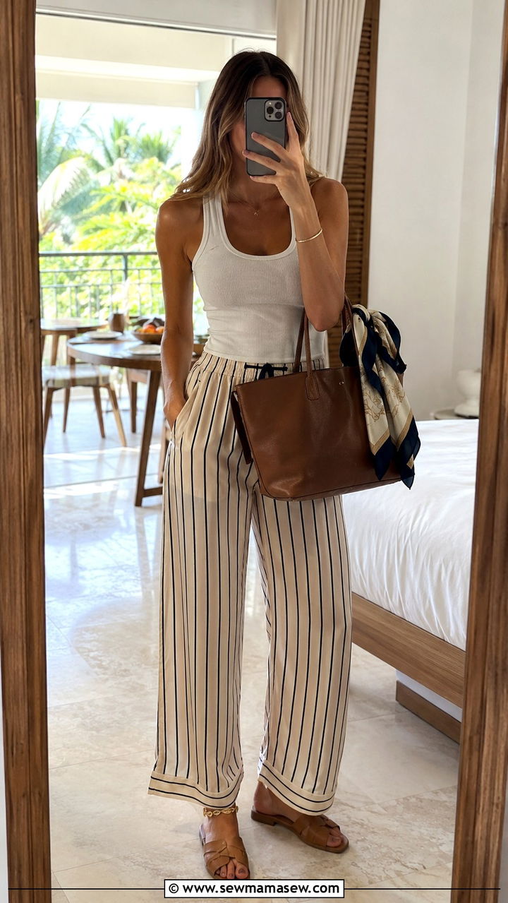 Pajama Style Pants With White Tank - 30 resort outfits 2026