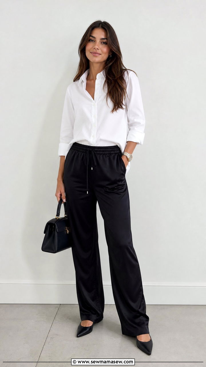 Pajama Style Trousers and Structured Top Outfit - 30 Fashion show outfit ideas