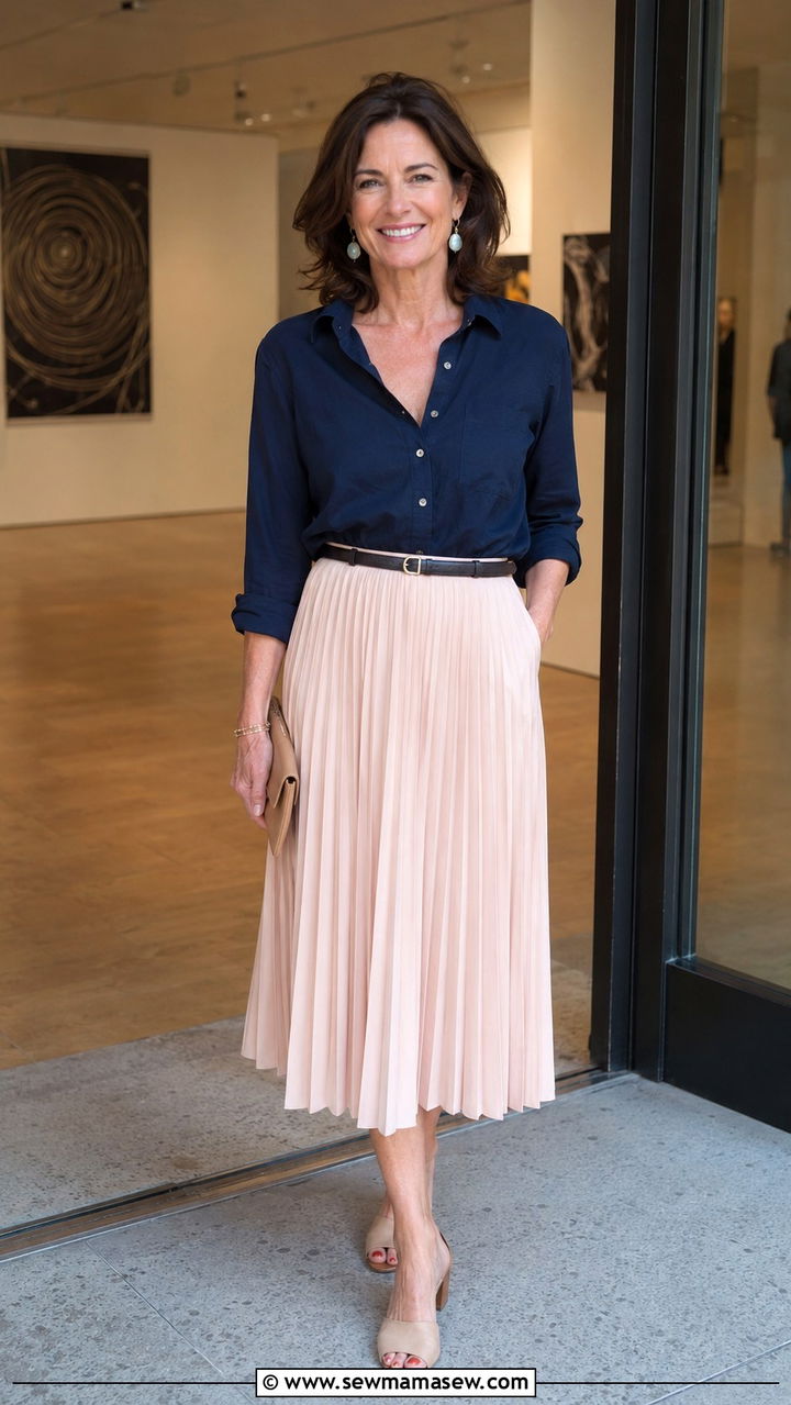 Pajama Top With a Pleated Midi Skirt and Mules - 25 Pajama outfit ideas for women over 40