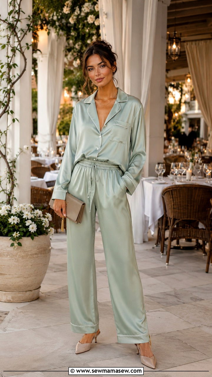 Pajama style trousers set with heeled mules - 30 Heat wave outfit ideas