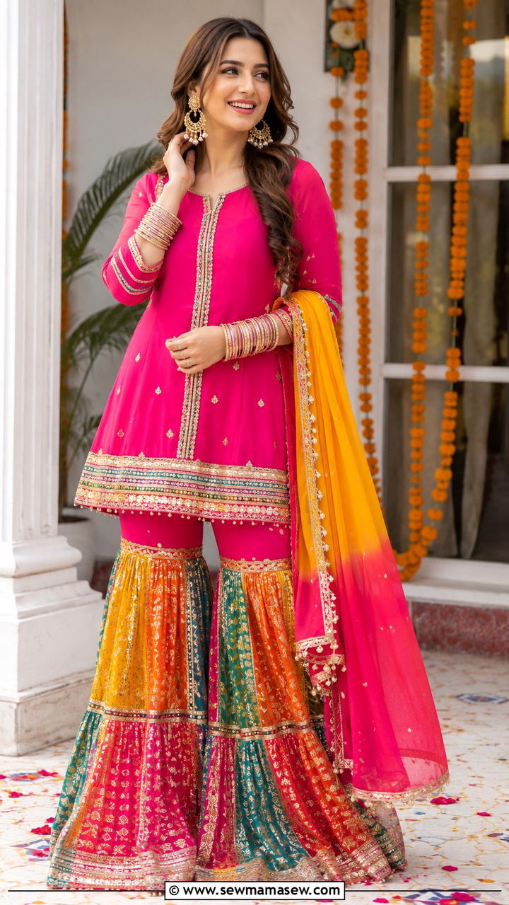 Pakistani Mehndi multicolor gharara outfit - 25 Wedding guest outfit ideas Pakistani wedding
