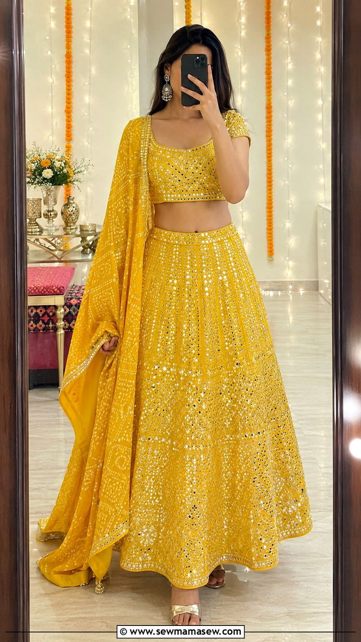 Pakistani Mehndi yellow lehenga with mirror work - 25 Wedding guest outfit ideas Pakistani wedding