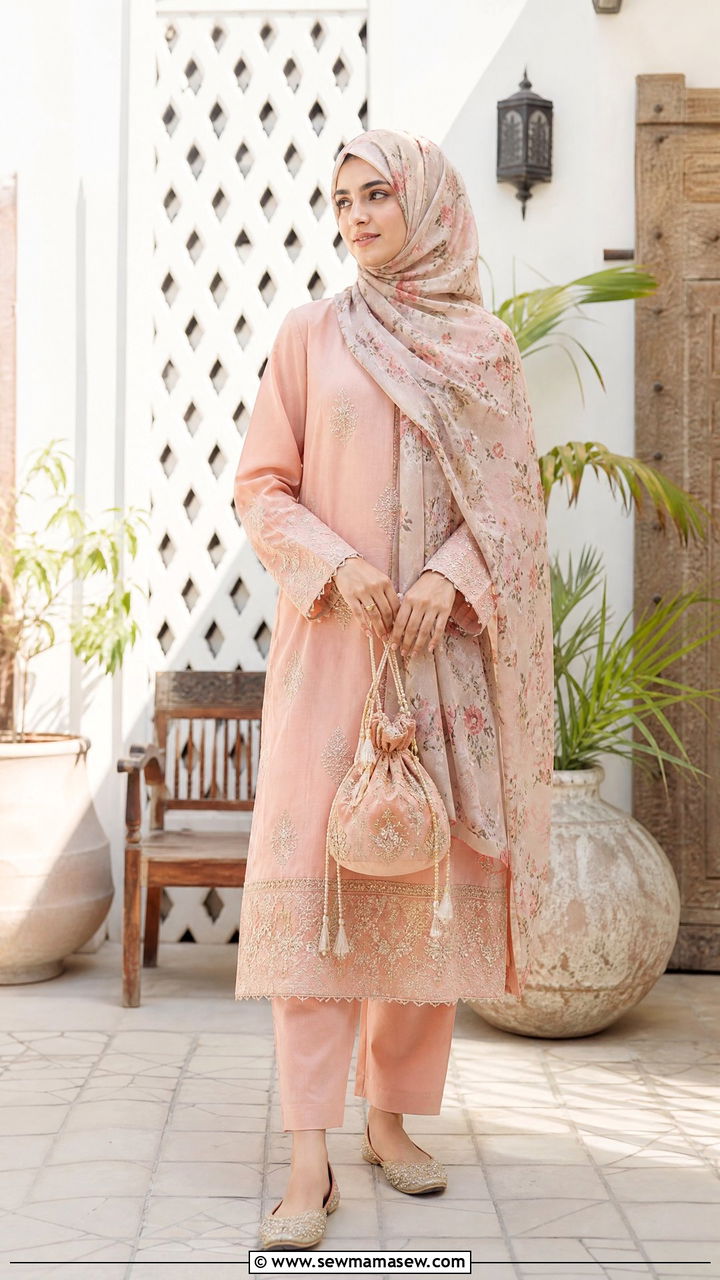 Pakistani Straight Cut Suit with Printed Dupatta Hijab - 30 Eid outfit ideas with hijab