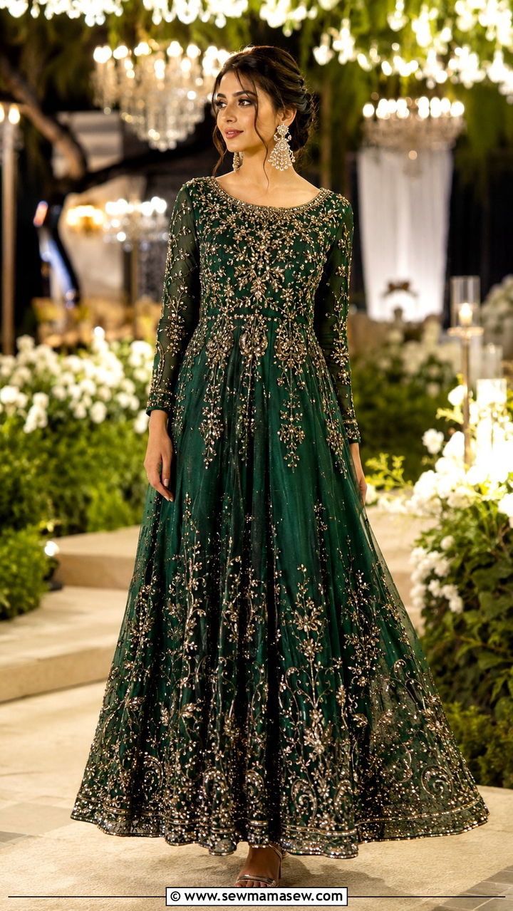 Pakistani Walima long embroidered gown - 25 Wedding guest outfit ideas Pakistani wedding