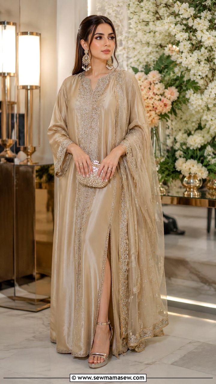 Pakistani Walima silk kaftan with jewelry - 25 Wedding guest outfit ideas Pakistani wedding