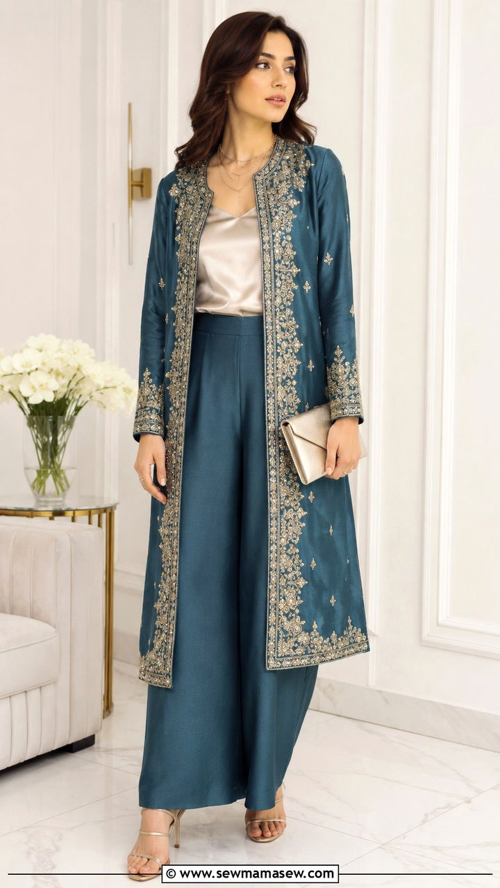 Pakistani cocktail blazer and palazzo set - 25 Wedding guest outfit ideas Pakistani wedding