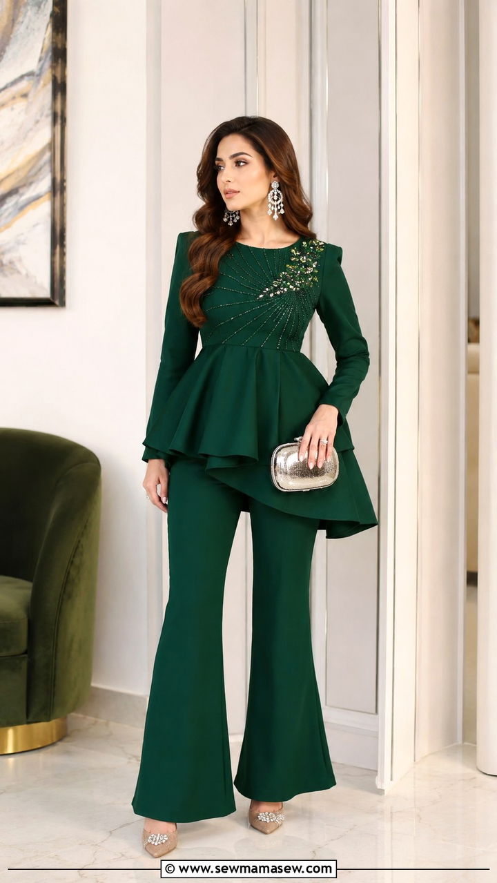 Pakistani cocktail peplum top with flared trousers - 25 Wedding guest outfit ideas Pakistani wedding