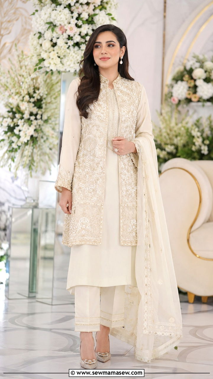 Pakistani formal suit with embroidered waistcoat for Walima - 25 Wedding guest outfit ideas Walima ceremony