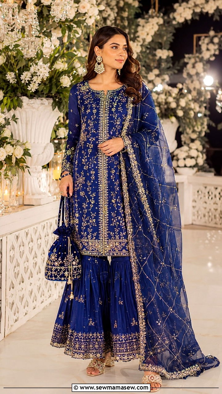 Pakistani wedding embroidered kurti with sharara - 25 Wedding guest outfit ideas Pakistani wedding