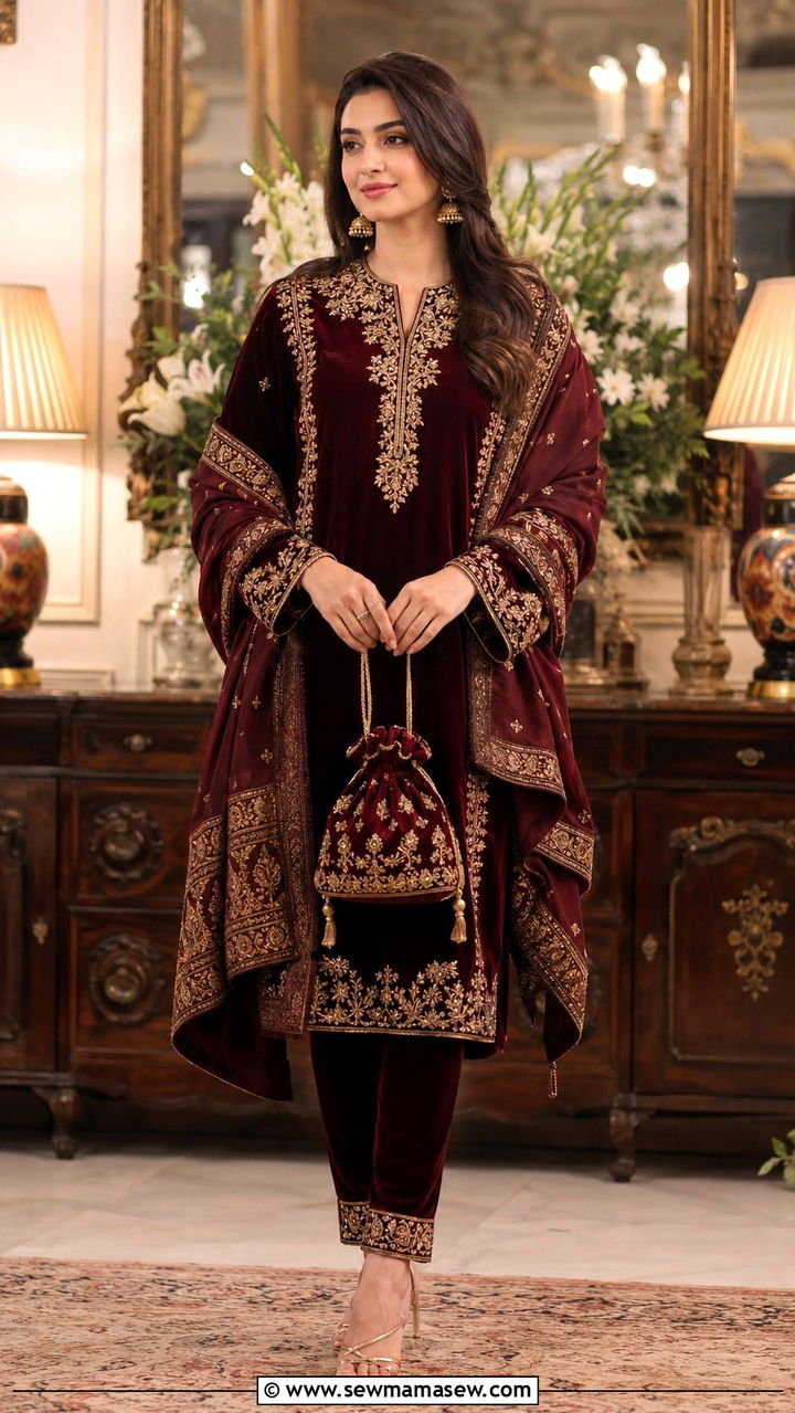 Pakistani winter Walima velvet suit - 25 Wedding guest outfit ideas Pakistani wedding