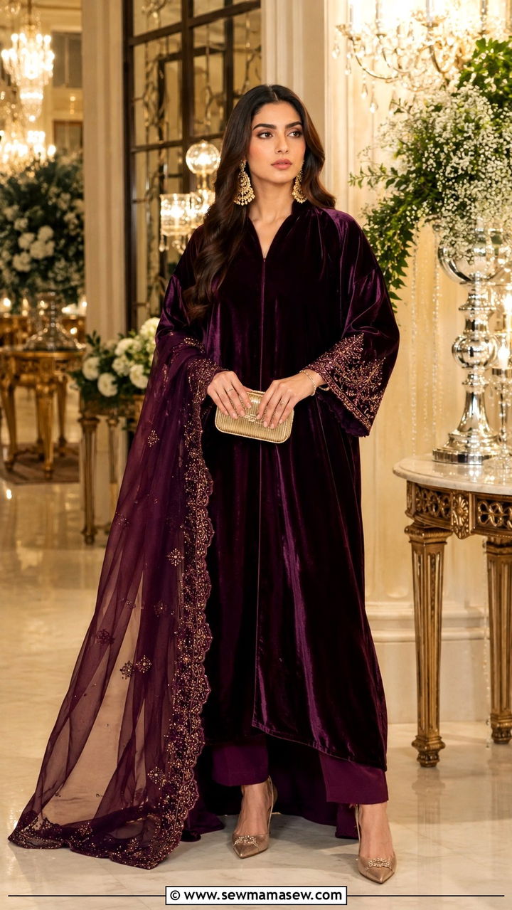 Pakistani winter wedding velvet kaftan - 25 Wedding guest outfit ideas Pakistani wedding