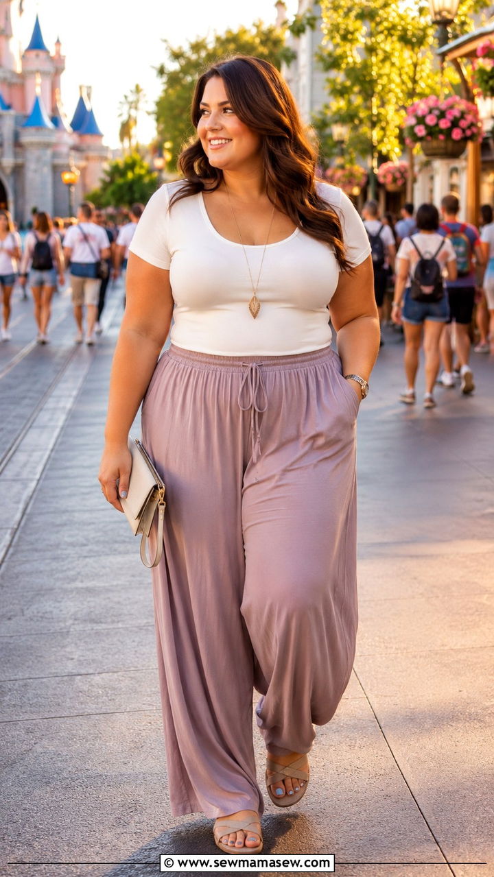 Palazzo Pants Fitted Tee and Slide Sandals - 30 Plus size theme park outfit ideas
