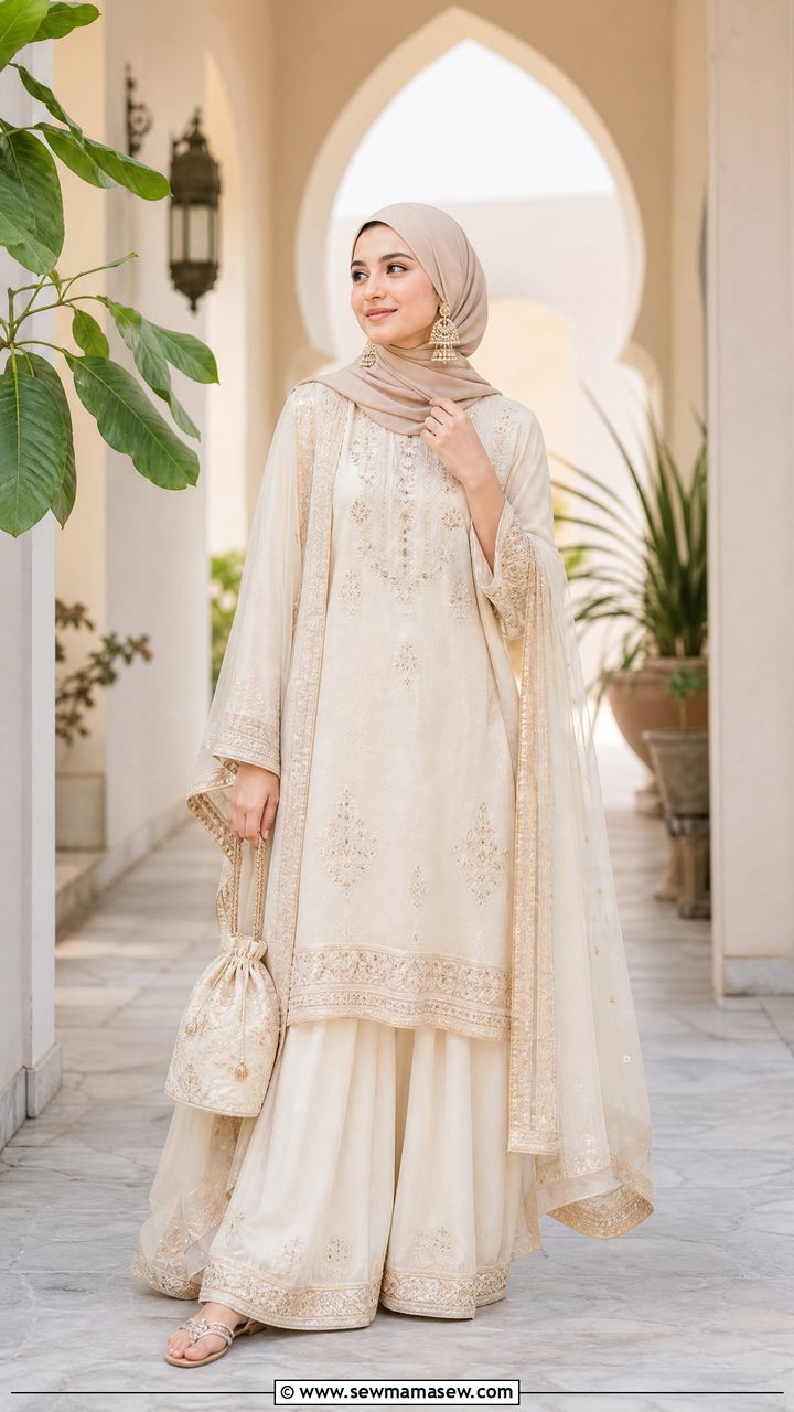 Palazzo Pants Suit With Long Tunic - 30 Eid outfit ideas for hijabis