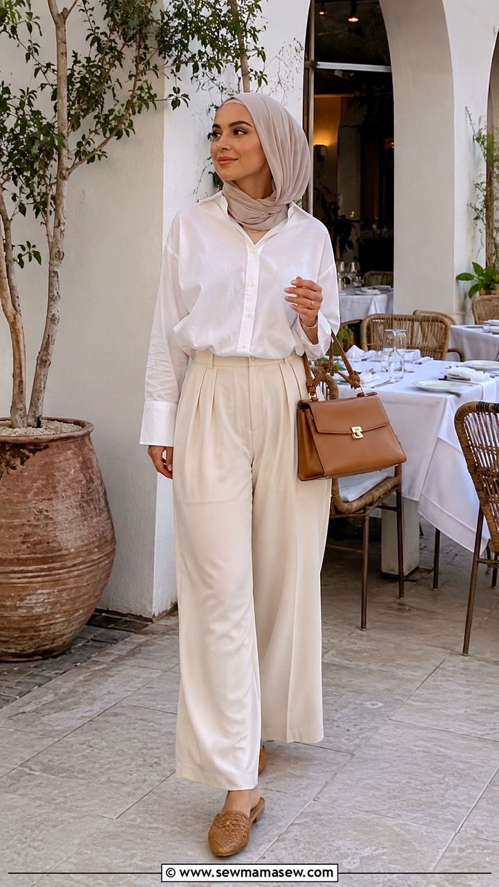 Palazzo Pants With Button Up Shirt And Woven Mules - 30 Modest travel outfit ideas
