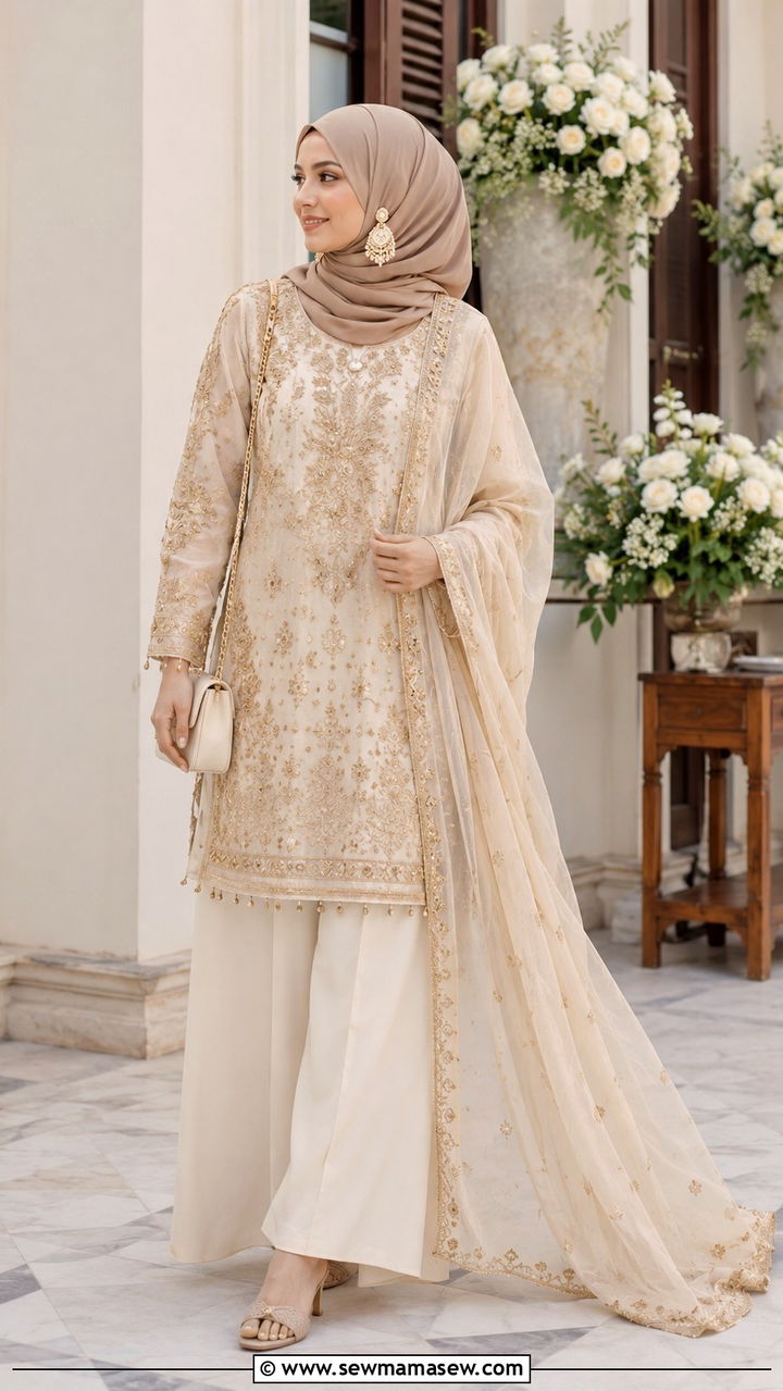 Palazzo Pants With Embroidered Tunic - 30 Modest wedding guest outfit ideas for Muslim women