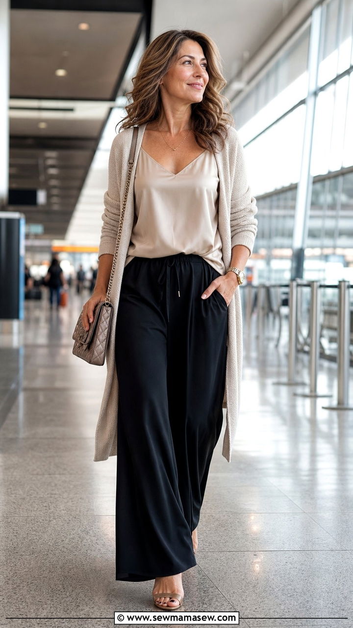 Palazzo Pants With Silk Camisole Airport Outfit - 35 Airport outfits for women over 40
