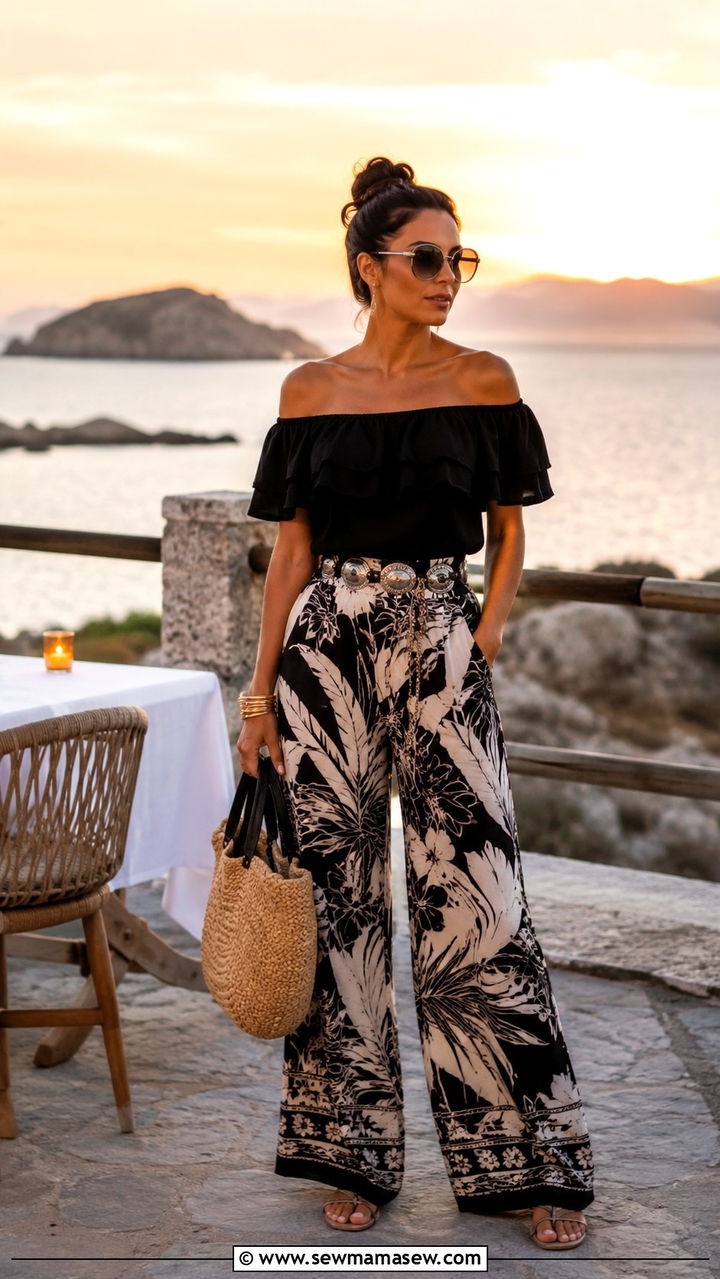 Palazzo Pants and Off Shoulder Top With Concho Belt - 25 Boho outfit ideas with concho belt