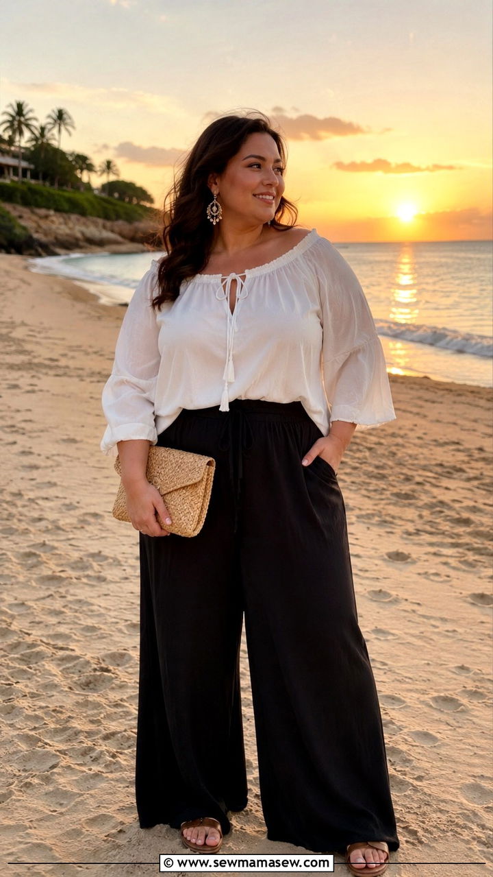 Palazzo Pants with Breezy Blouse - 30 Plus size travel outfit ideas