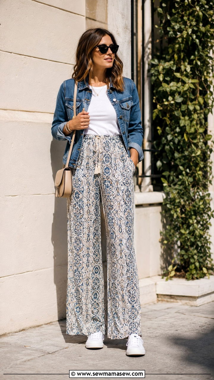 Palazzo Pants with Denim Jacket - 30 how to style palazzo pants