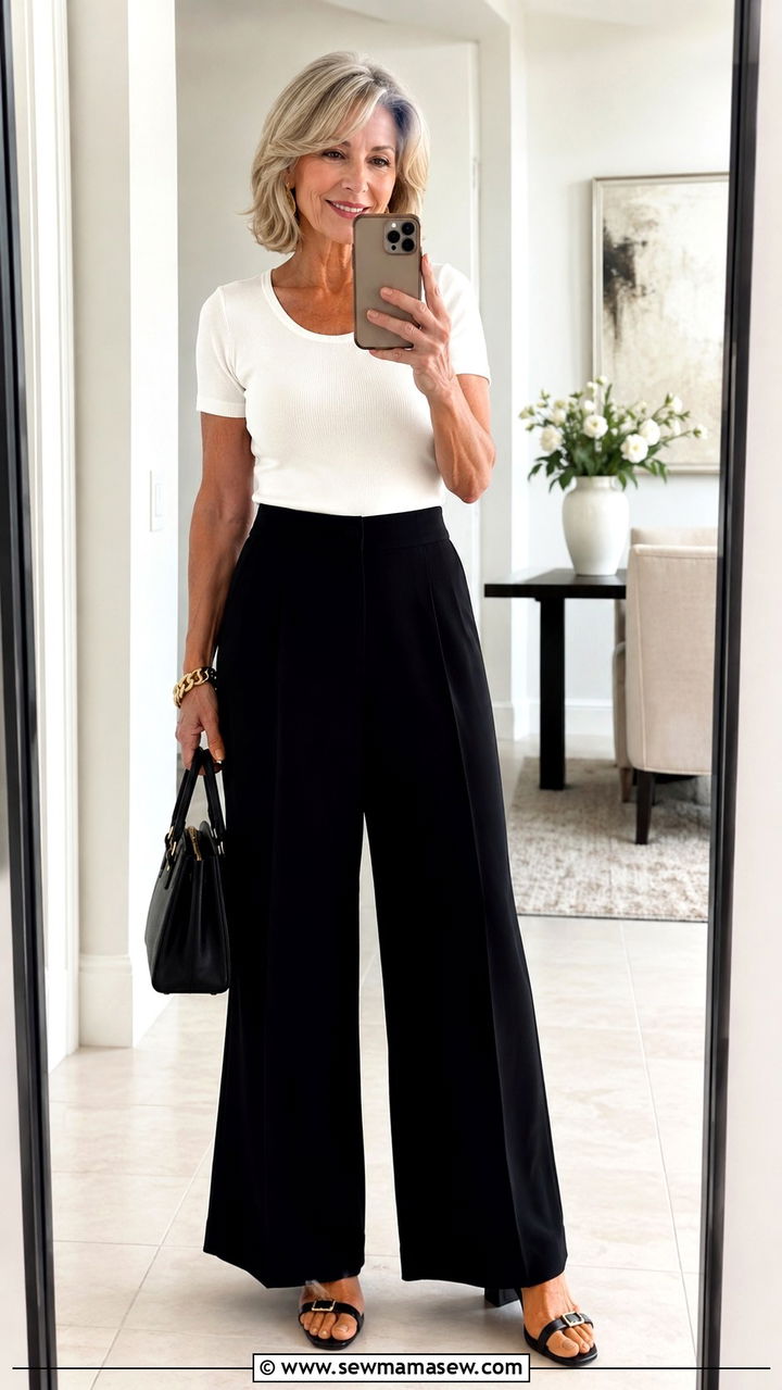 Palazzo Pants with Fitted Knit Top - 25 Weekend outfit ideas for women over 60