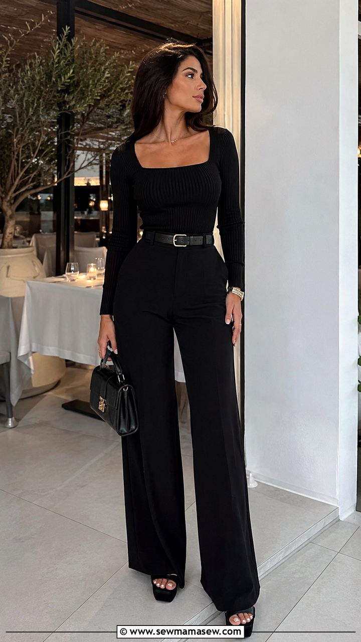 Palazzo Pants with Fitted Knit Top Outfit - 20 Outfits for tummy control